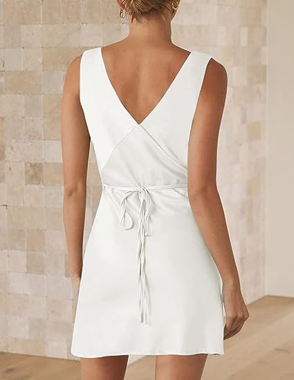 Women's Summer Satin V Neck Sleeveless Backless Tie Waist Dress