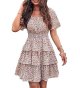 Women's Floral Summer Short Dress Square Neck Short Sleeve Tiered Ruffle Boho Swing Dresses