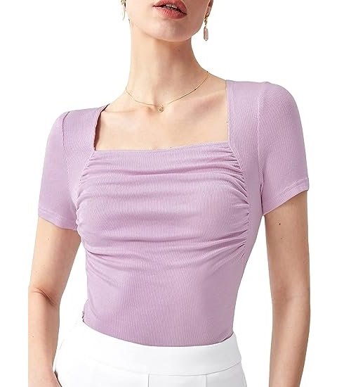 Women's Short Sleeve Square Neck Ruched Tee Top Ribbed Slim Fitted T Shirt