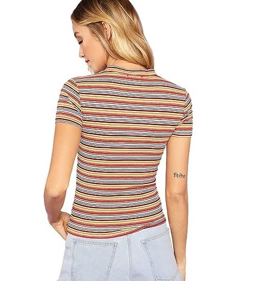 Women's Casual Multi Striped Ribbed Short Sleeve Solid Tee Knit Top