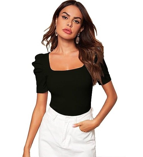 Women's Puff Sleeve Square Neck Short Sleeve Tee Top