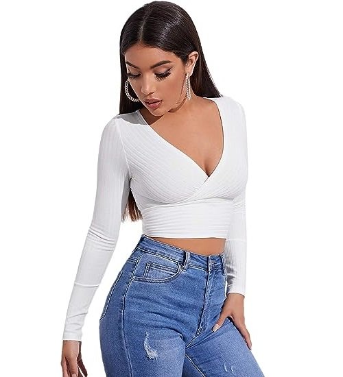 Women's Deep V Neck Long Sleeve Cross Wrap Crop Tops