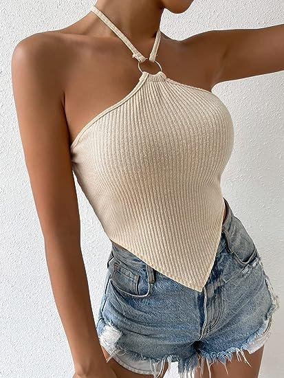 Women's Halter Neck Strappy Tank Top Cropped Top Open Back Asymmetric Turban Top